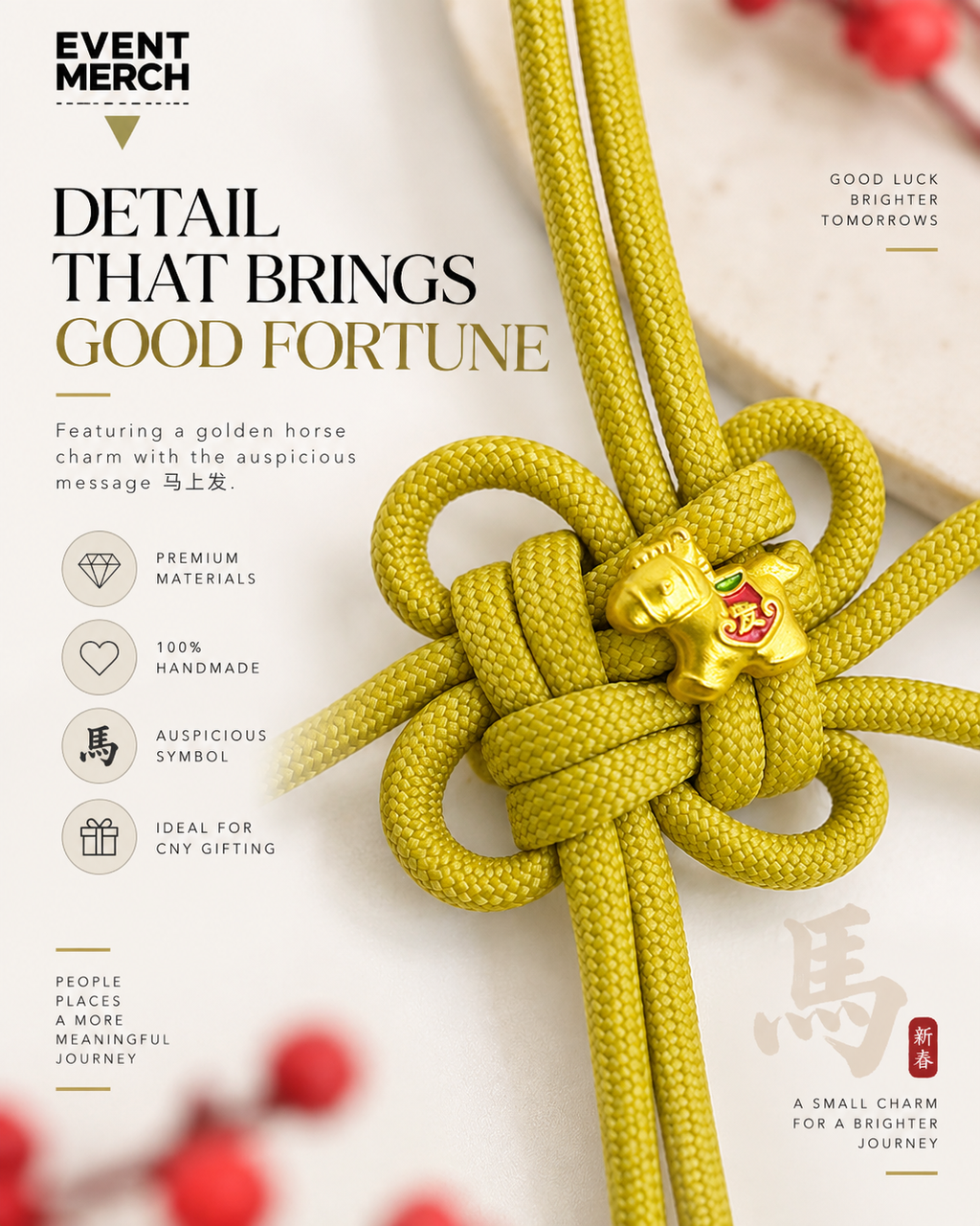 Handmade Chinese New Year auspicious knot with golden horse charm and premium paracord for CNY corporate gifts