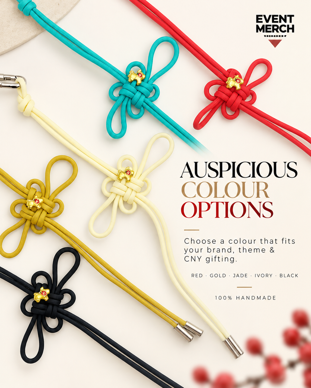 Custom CNY auspicious knot merchandise in festive colours for corporate gifts, event giveaways and door gifts Malaysia