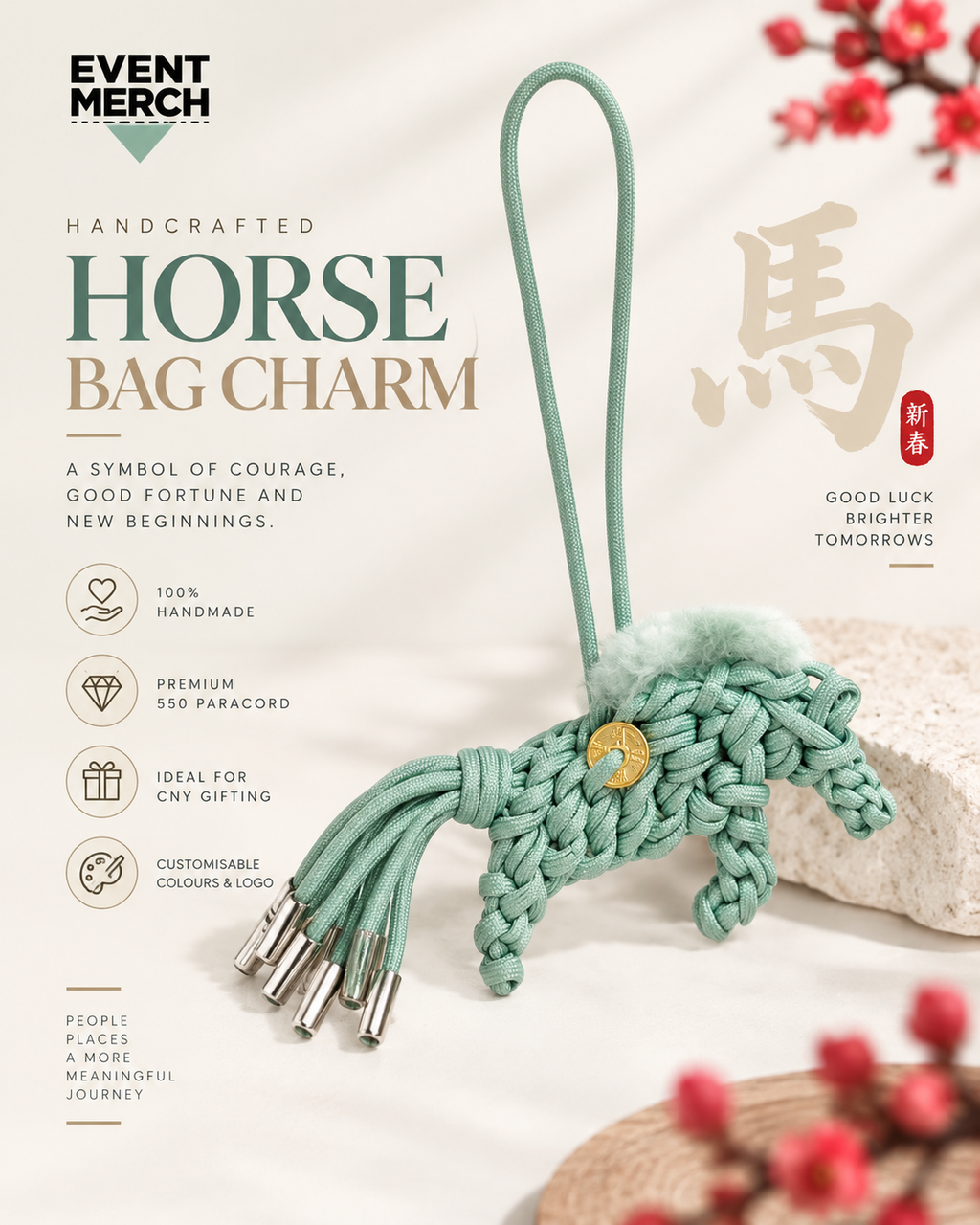 Auspicious Chinese New Year horse bag charms in festive colours for corporate gifts and event merchandise