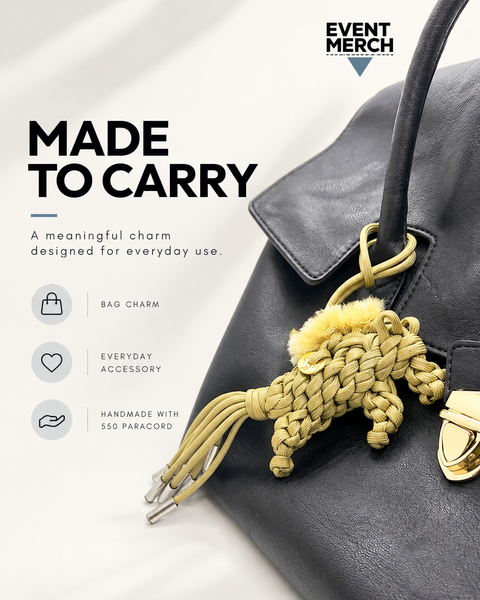 Chinese New Year horse paracord bag charm with golden 马上发 coin, handmade CNY event merchandise