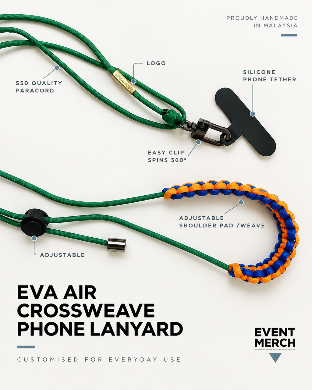 EVA Air custom adjustable crossbody phone lanyard with braided 550 paracord, detachable phone tether and engraved logo hardware