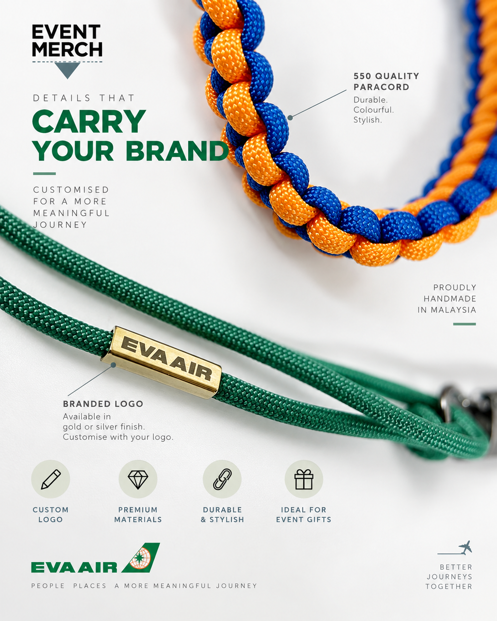 EVA Air engraved logo hardware on custom paracord phone lanyard in green, orange and blue corporate colours