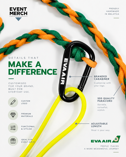 EVA Air branded carabiner and adjustable crossbody phone lanyard with custom colour paracord for corporate event merchandise