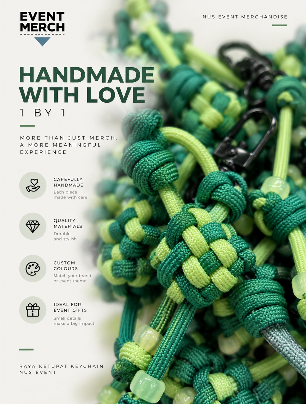 Handmade paracord ketupat keychains made one by one for corporate Raya gifts, event merchandise and DIY workshops in Malaysia