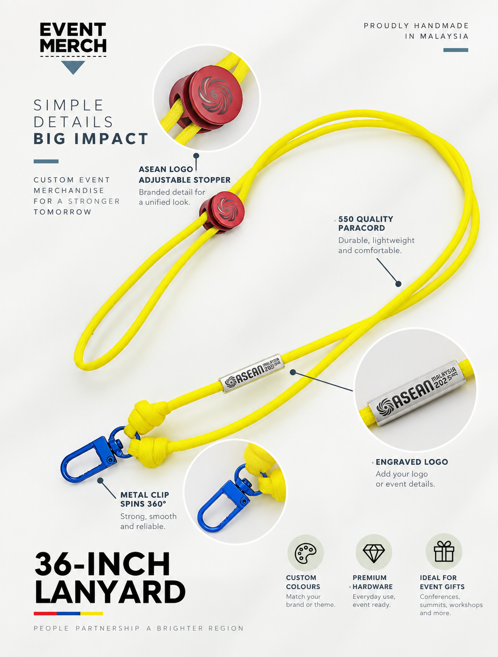Yellow custom ASEAN event lanyard with branded adjustable stopper, engraved metal logo and blue 360 degree clip