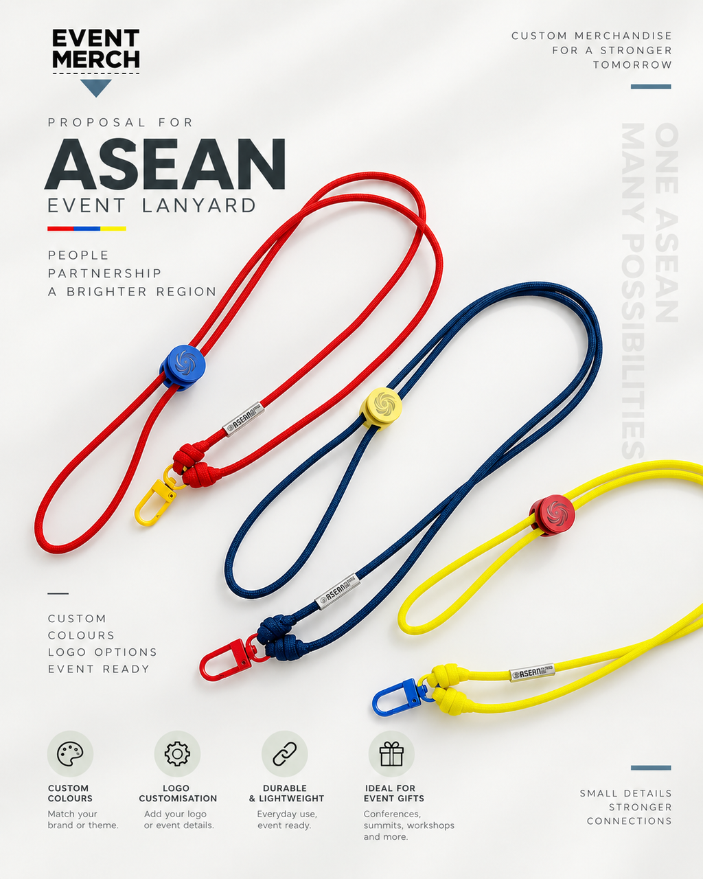 Custom ASEAN event lanyard proposal in red, blue and yellow 550 paracord for corporate event merchandise Malaysia
