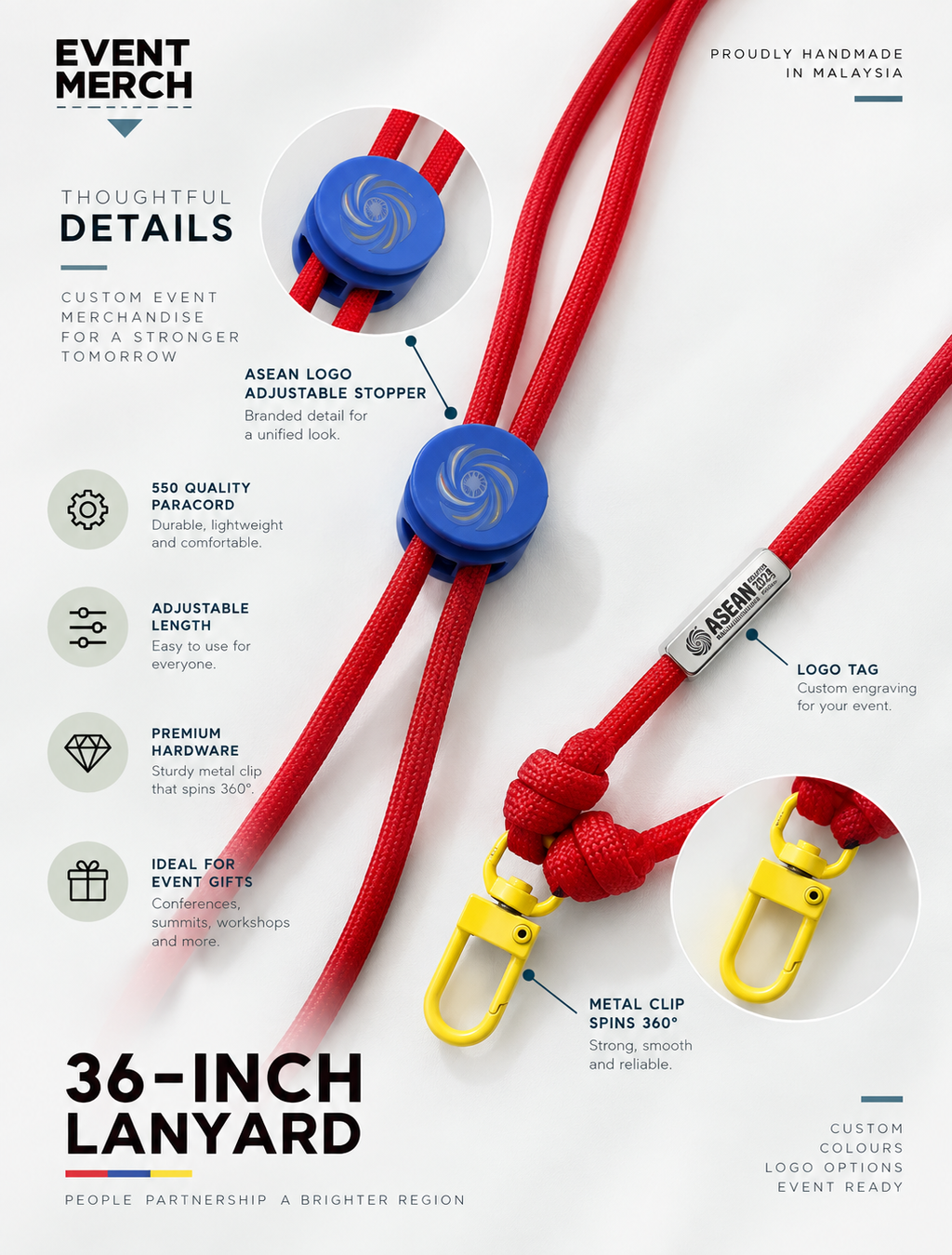 36 inch custom ASEAN event lanyard with adjustable stopper, engraved logo pendant and 360 degree metal clip