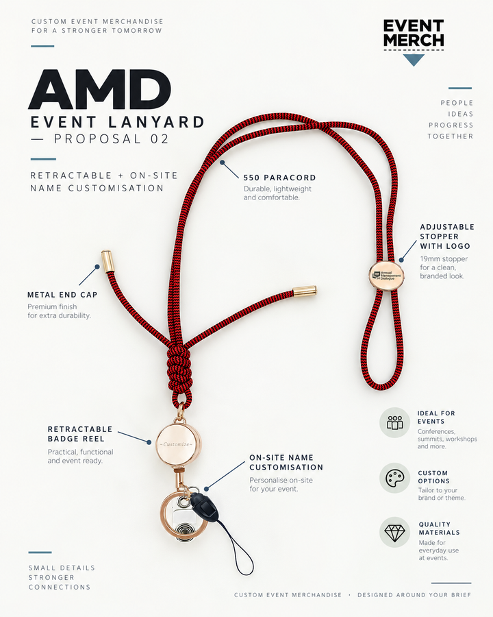 AMD custom corporate event lanyard proposal with 550 paracord, branded adjustable stopper and personalised badge holder Malaysia