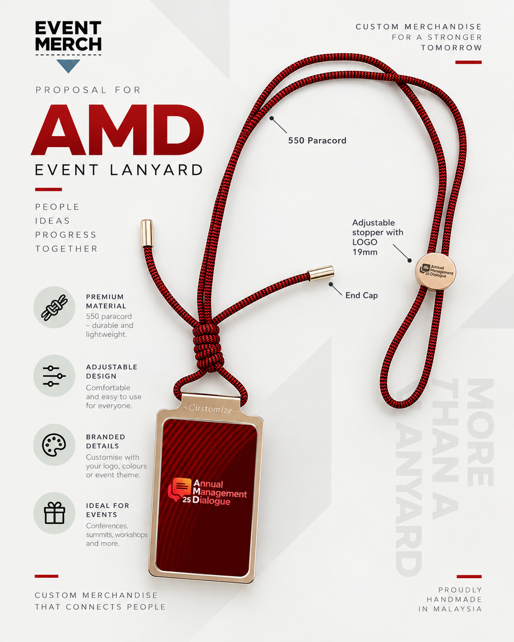 Custom AMD corporate event lanyard in red and black 550 paracord with branded adjustable stopper, retractable badge reel and on-site name personalisation for event merchandise in Malaysia and Singapore