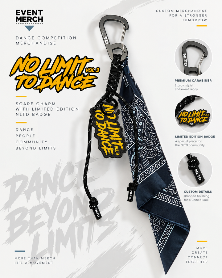No Limit To Dance Vol.3 official competition merchandise, custom scarf dancer belt-loop charm with NLTD badge and carabiner
