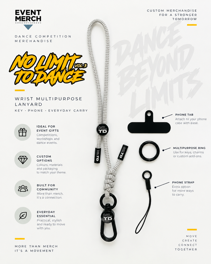 No Limit To Dance Vol 3 custom wrist multipurpose lanyard for key, phone and belt loop, official dance competition merchandise designed for events in Malaysia