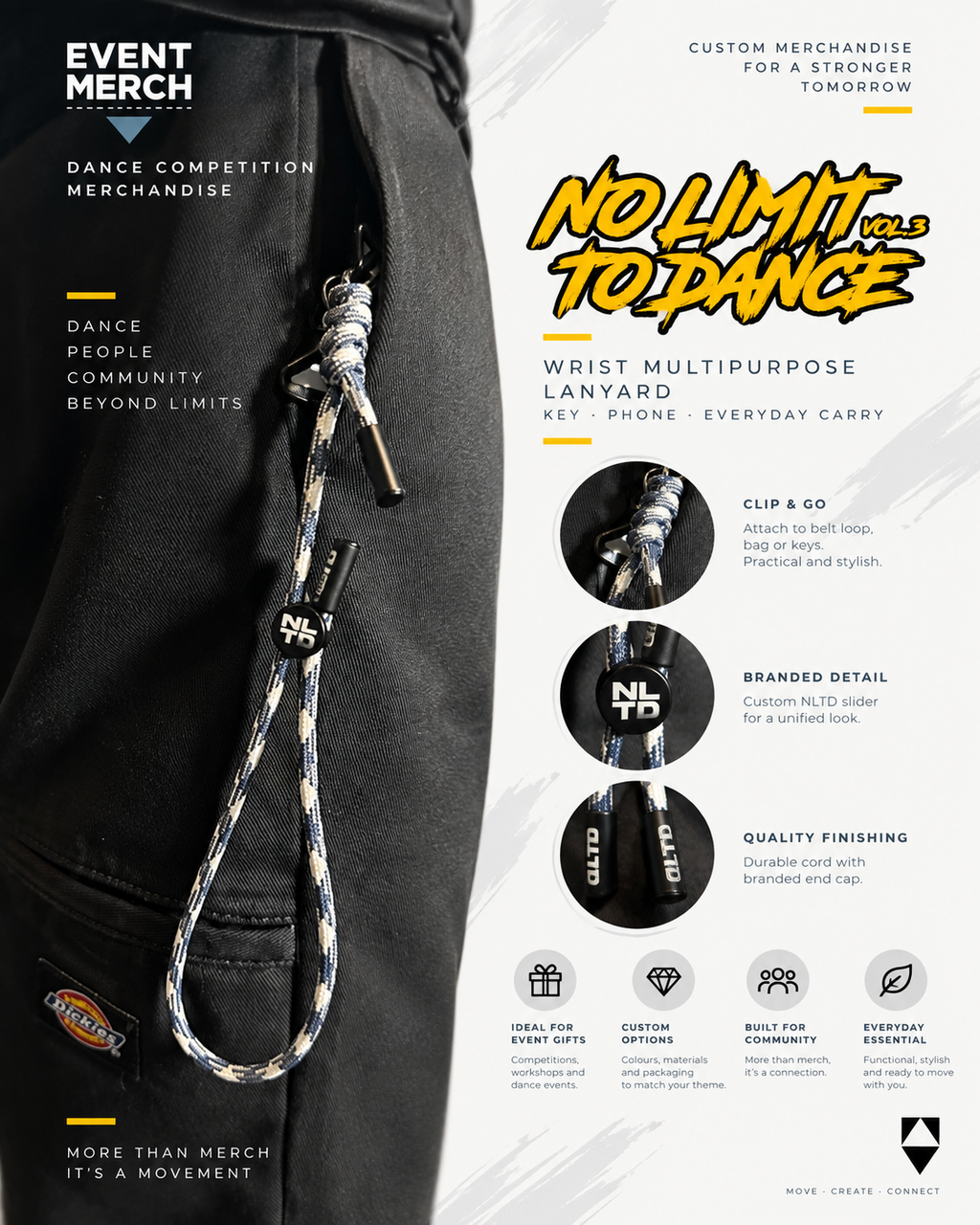 Custom dance competition event merchandise in Malaysia featuring an NLTD branded multipurpose wrist lanyard, phone strap and key holder designed for No Limit To Dance Vol 3
