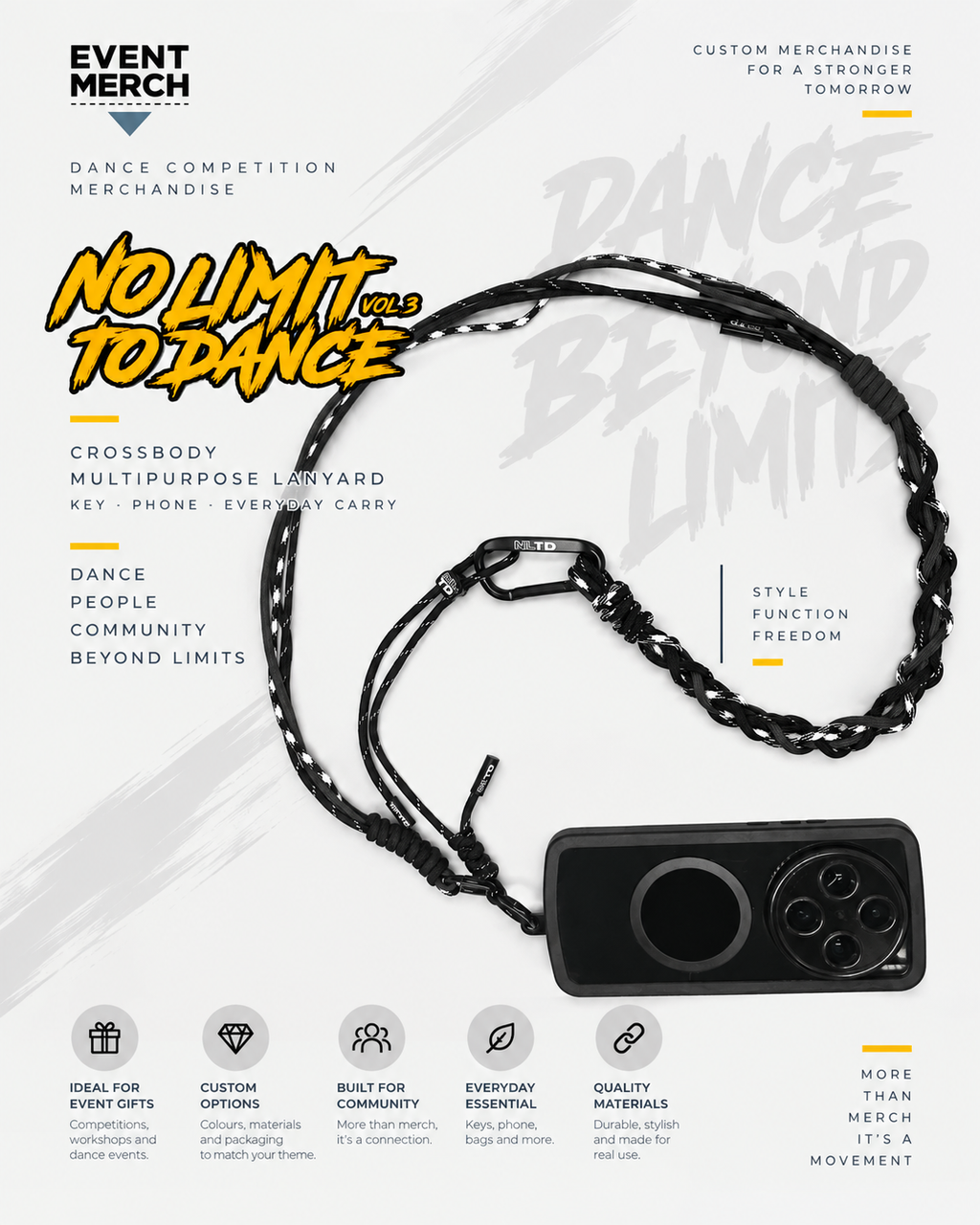 No Limit To Dance Vol.3 custom crossbody multipurpose lanyard event merchandise with phone and wallet carry design, handmade event merchandise in Malaysia