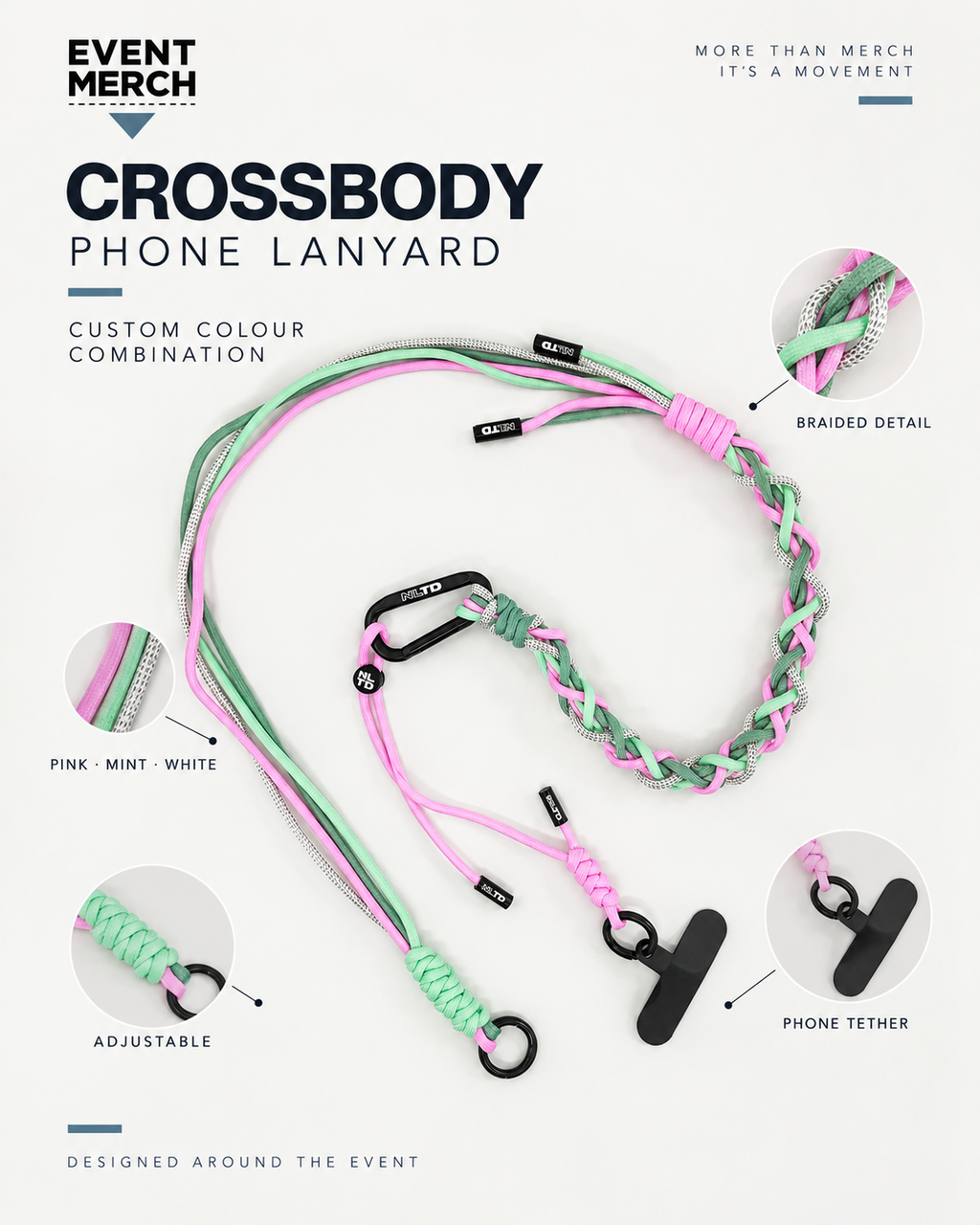 Custom braided bag strap and crossbody lanyard created for No Limit To Dance Vol.3 competition merchandise, designed around event colours and audience