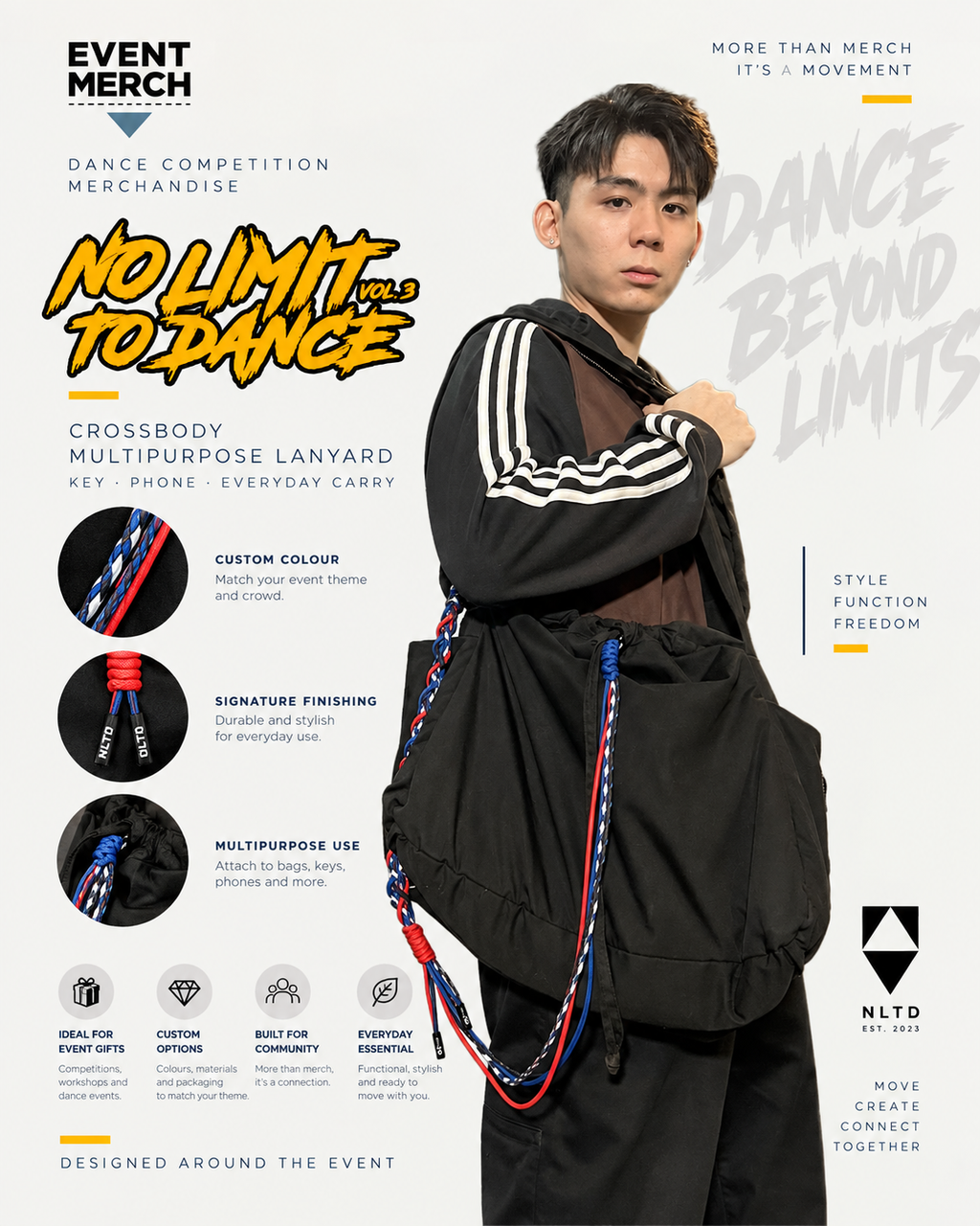 Custom belt loop accessory and multipurpose lanyard designed for No Limit To Dance Vol.3 event merchandise, suitable for keys, phone and everyday carry