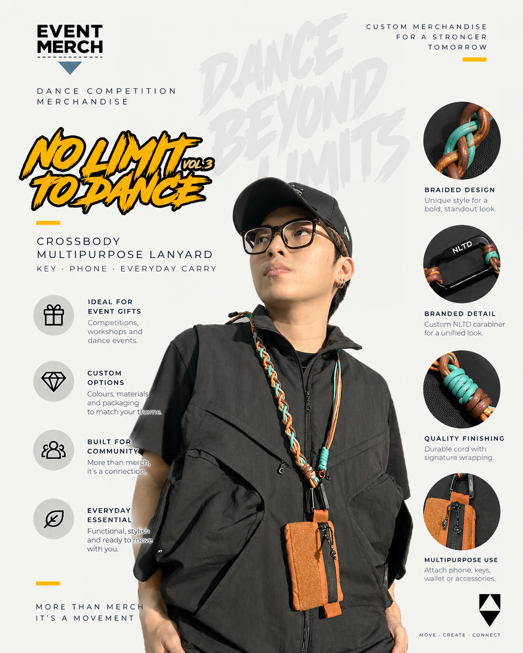 Dancer wearing custom No Limit To Dance Vol.3 crossbody multipurpose lanyard with phone and wallet, custom event merchandise Malaysia