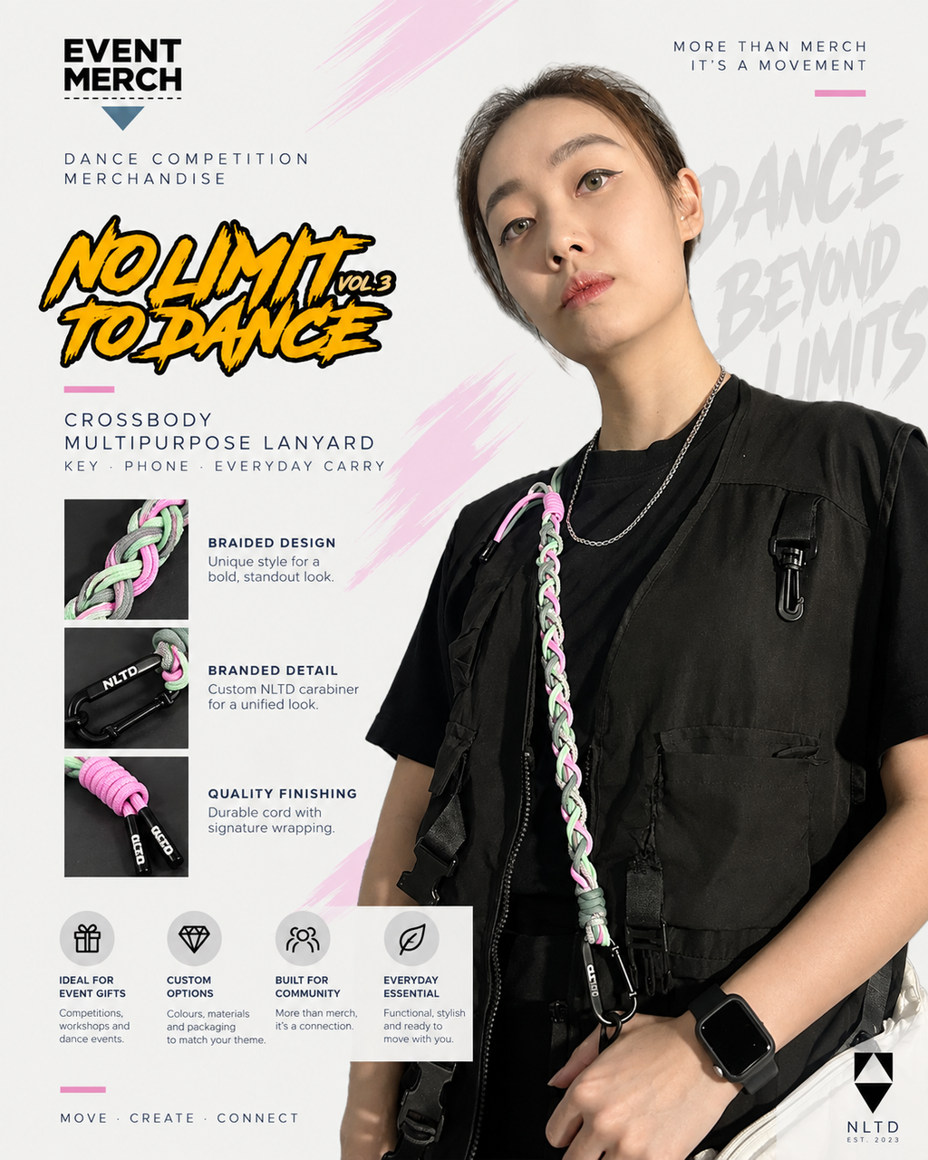 No Limit To Dance Vol.3 dancer wearing custom braided crossbody event merchandise with phone and everyday carry accessories