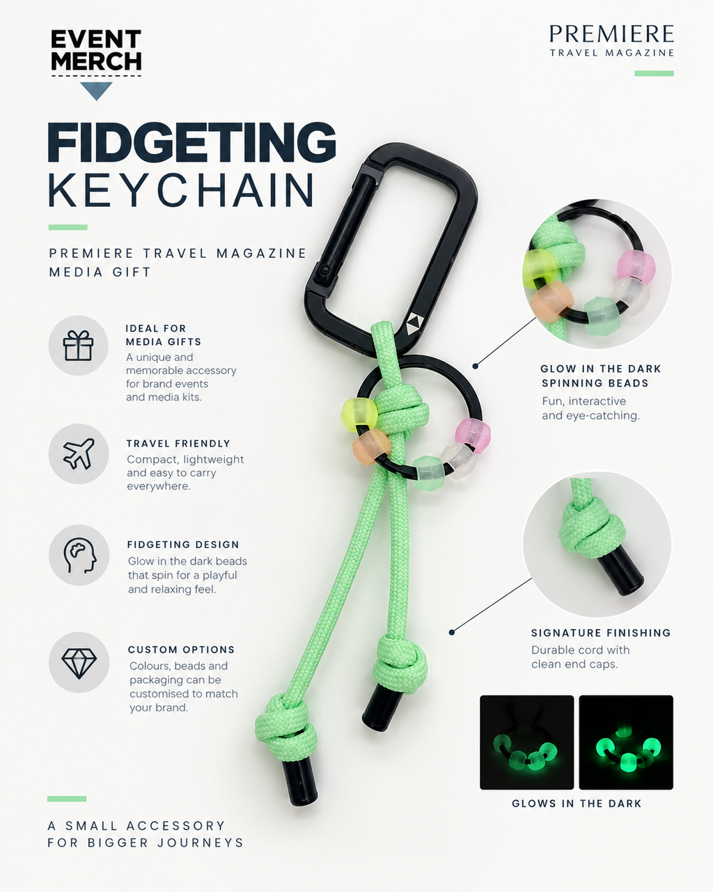 Custom fidget keychain event gift for Premiere Travel Magazine featuring glow-in-the-dark spinning beads, stretchable rubber elements, personalised name beads and a tactile fidgeting weight ball, handmade in Malaysia