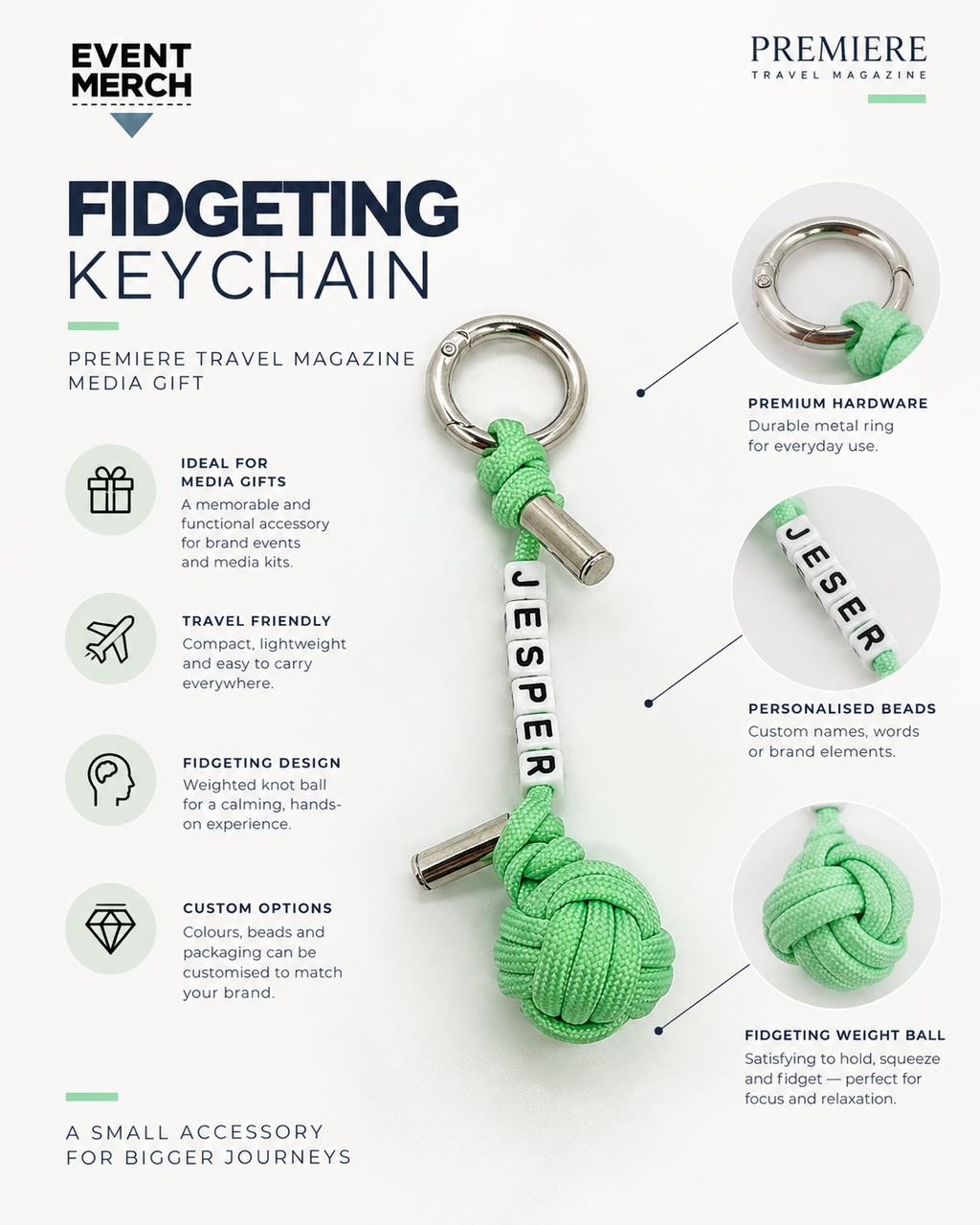 Healing-themed custom fidget keychain designed as a personalised VIP and media event gift for Premiere Travel Magazine.