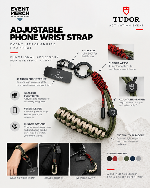 Premium custom multipurpose paracord keychain for Tudor corporate event activation, branded with corporate colours and logo, handmade in Malaysia