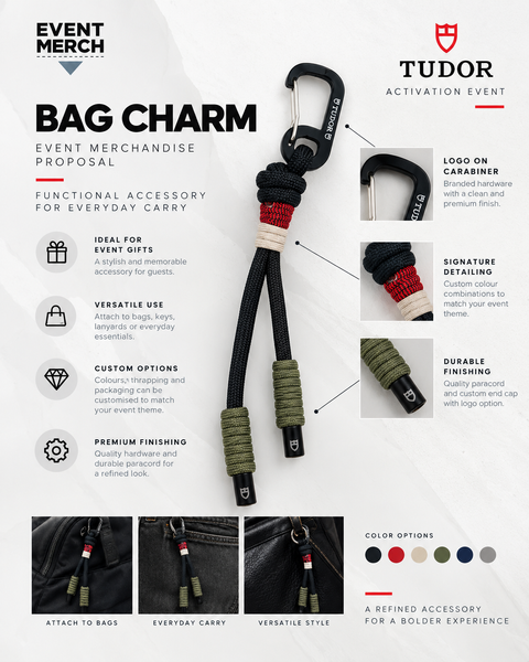 Premium custom multipurpose paracord keychain for Tudor corporate event activation, branded with corporate colours and logo, handmade in Malaysia