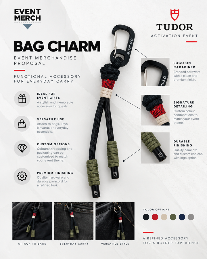 Premium custom multipurpose paracord keychain for Tudor corporate event activation, branded with corporate colours and logo, handmade in Malaysia