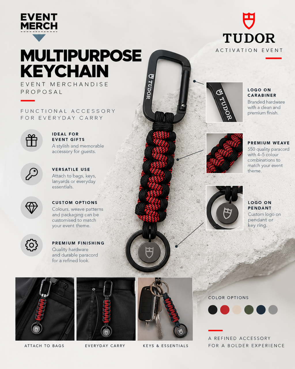 Premium custom multipurpose paracord keychain for Tudor corporate event activation, branded with corporate colours and logo, handmade in Malaysia