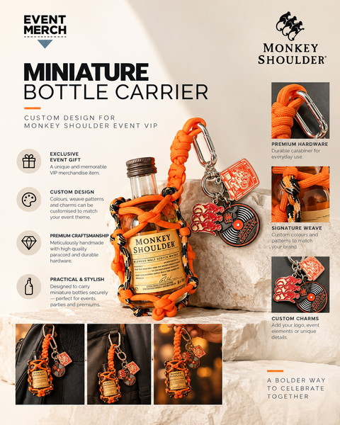 Custom handmade miniature Monkey Shoulder whisky bottle carrier with orange and black paracord, branded charms and carabiner for VIP event gifts in Malaysia