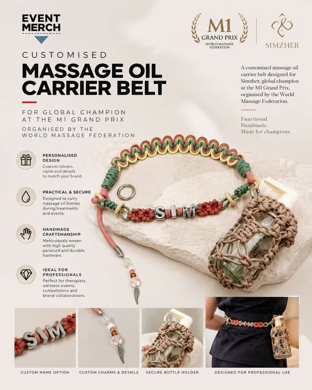 SimZher Championship Collection Custom Massage Oil Carrier Belt – Personalised Handmade Event Merchandise
