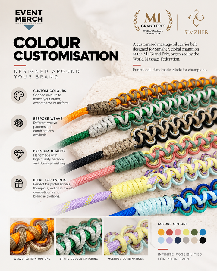 Custom SimZher massage oil carrier belt with personalised name and handmade paracord design for professional therapists, custom corporate gifts and event merchandise in Malaysia