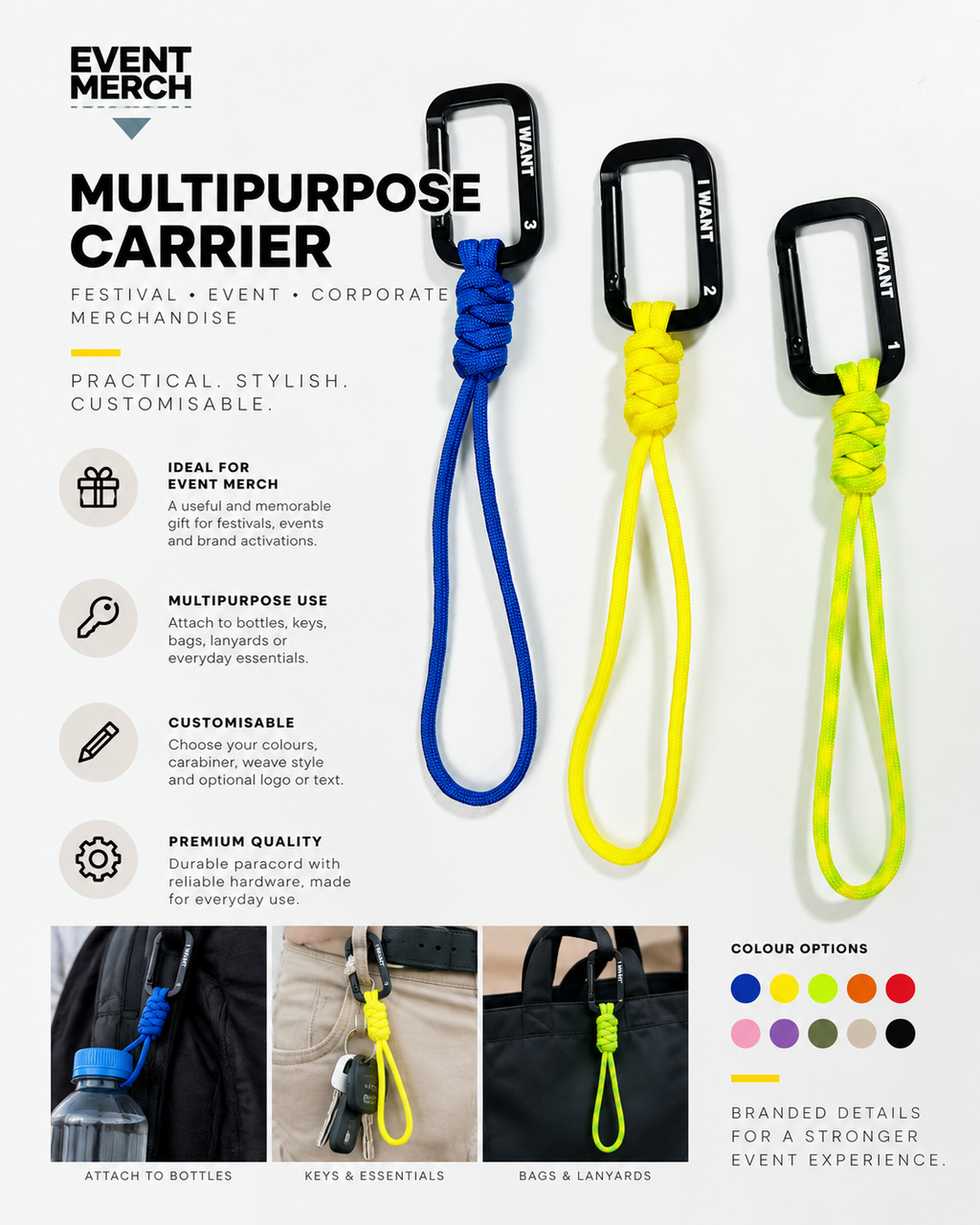 I WANT Festival custom multipurpose carabiner carrier in highlighter-inspired colours, handmade paracord event merchandise for festivals and brand activations in Malaysia