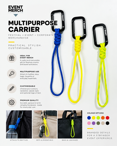 I WANT Festival custom multipurpose carabiner carrier in highlighter-inspired colours, handmade paracord event merchandise for festivals and brand activations in Malaysia