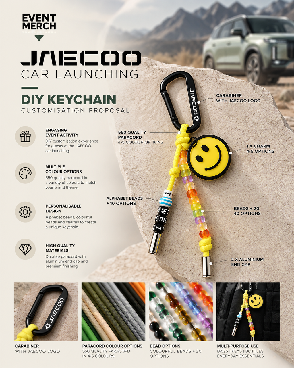 JAECOO Custom Keychain with Branded Carabiner and Beads