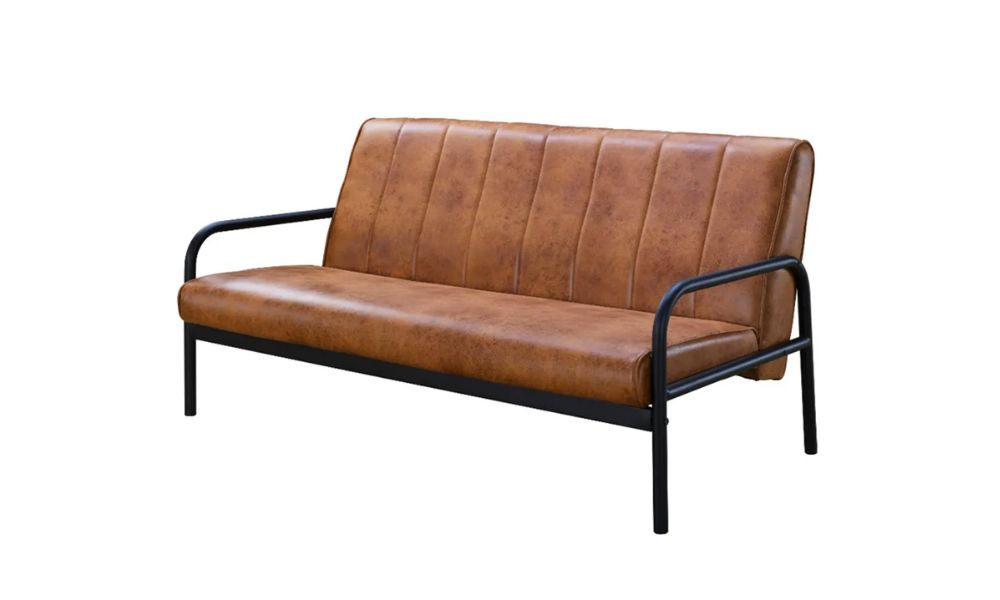 Industrial style brown leather sofa with metal frame