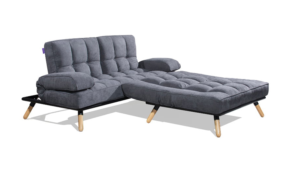 Convertible sofa bed with reclining mechanism in grey