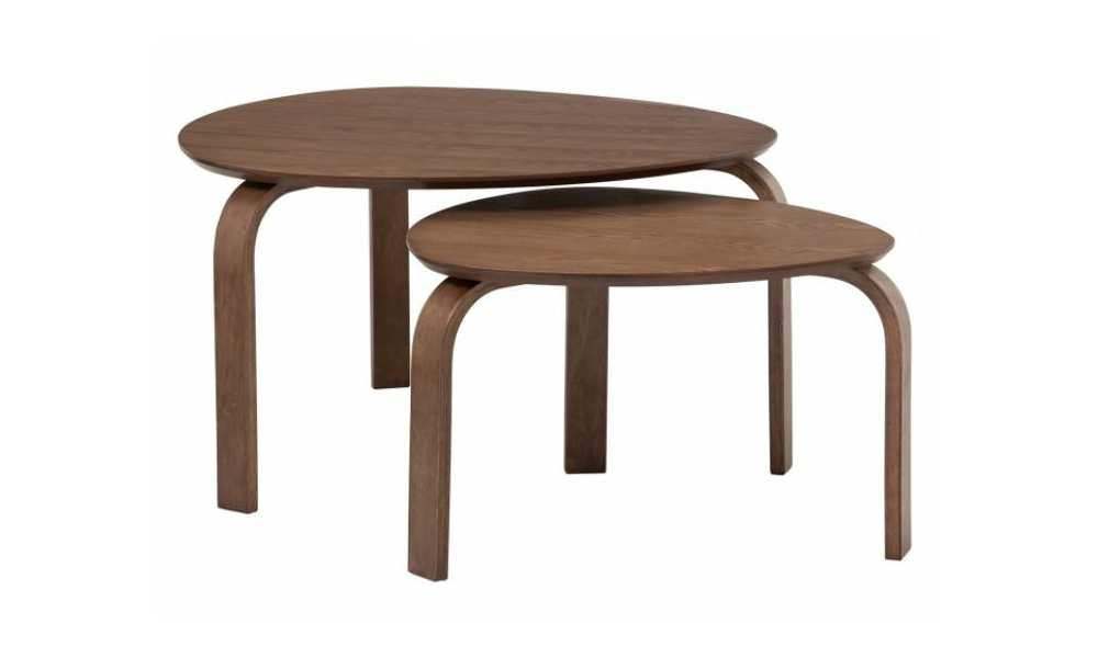 Nesting wooden coffee table with curve edges in brown