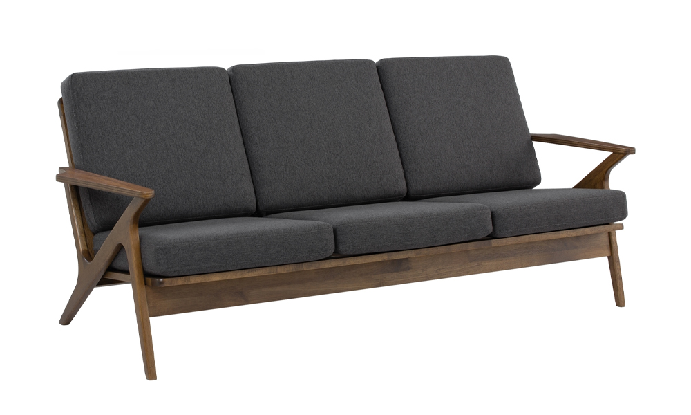Wooden 3-seater sofa with fabric cushion upholstery