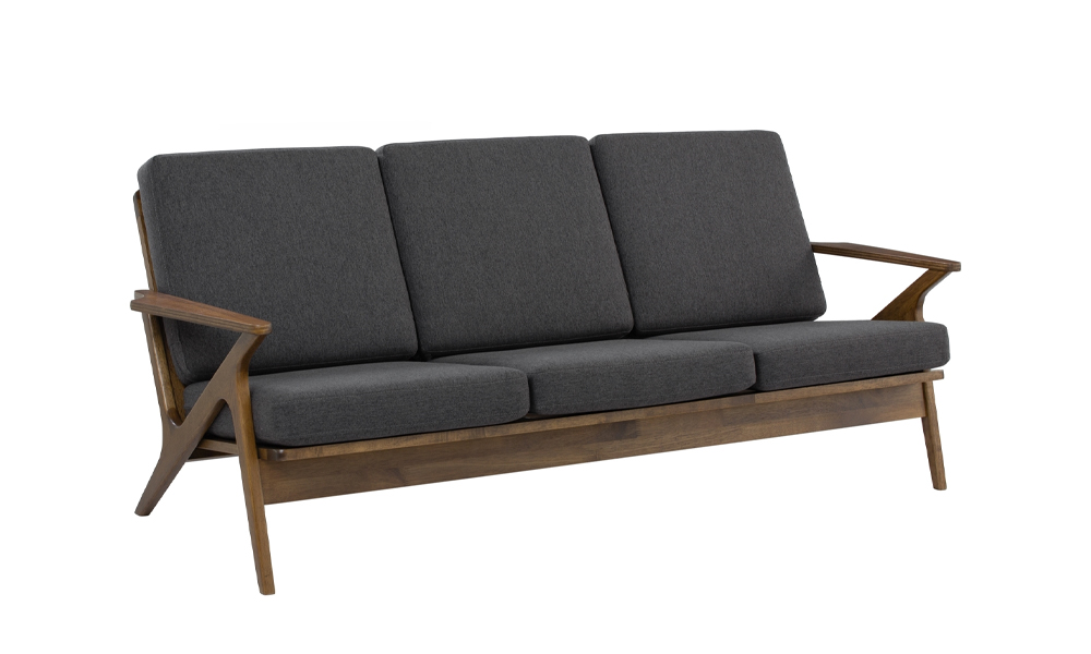 Grey Fabric Cushion Sofa with Wooden Arm Frame