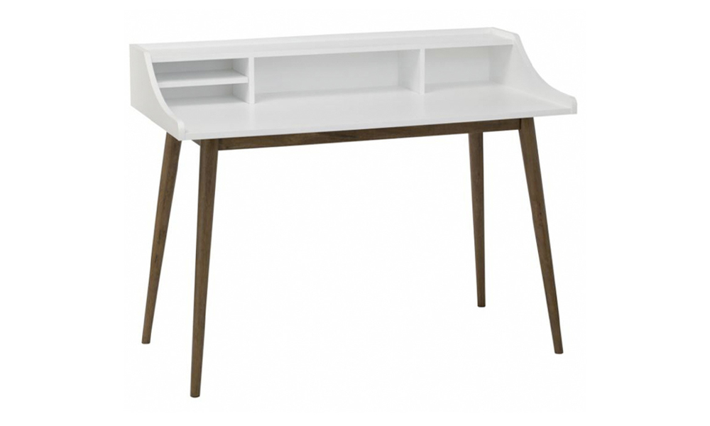 Writing table with open compartments in White top and Brown legs