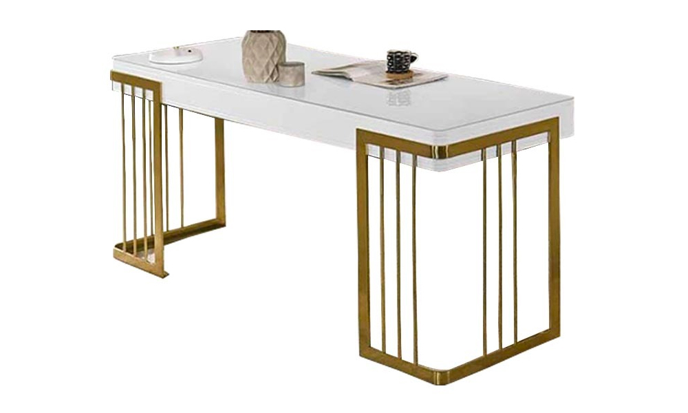 White tempered glass study table with gold leg frame