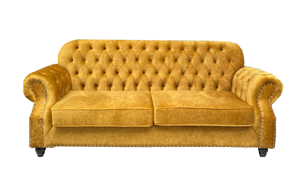 Velvet Tufted Sofa with Rolled Arm in Mustard Yellow
