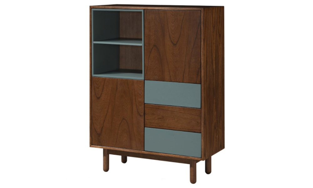 Scandinavian style tallboy chest of drawers in brown and green