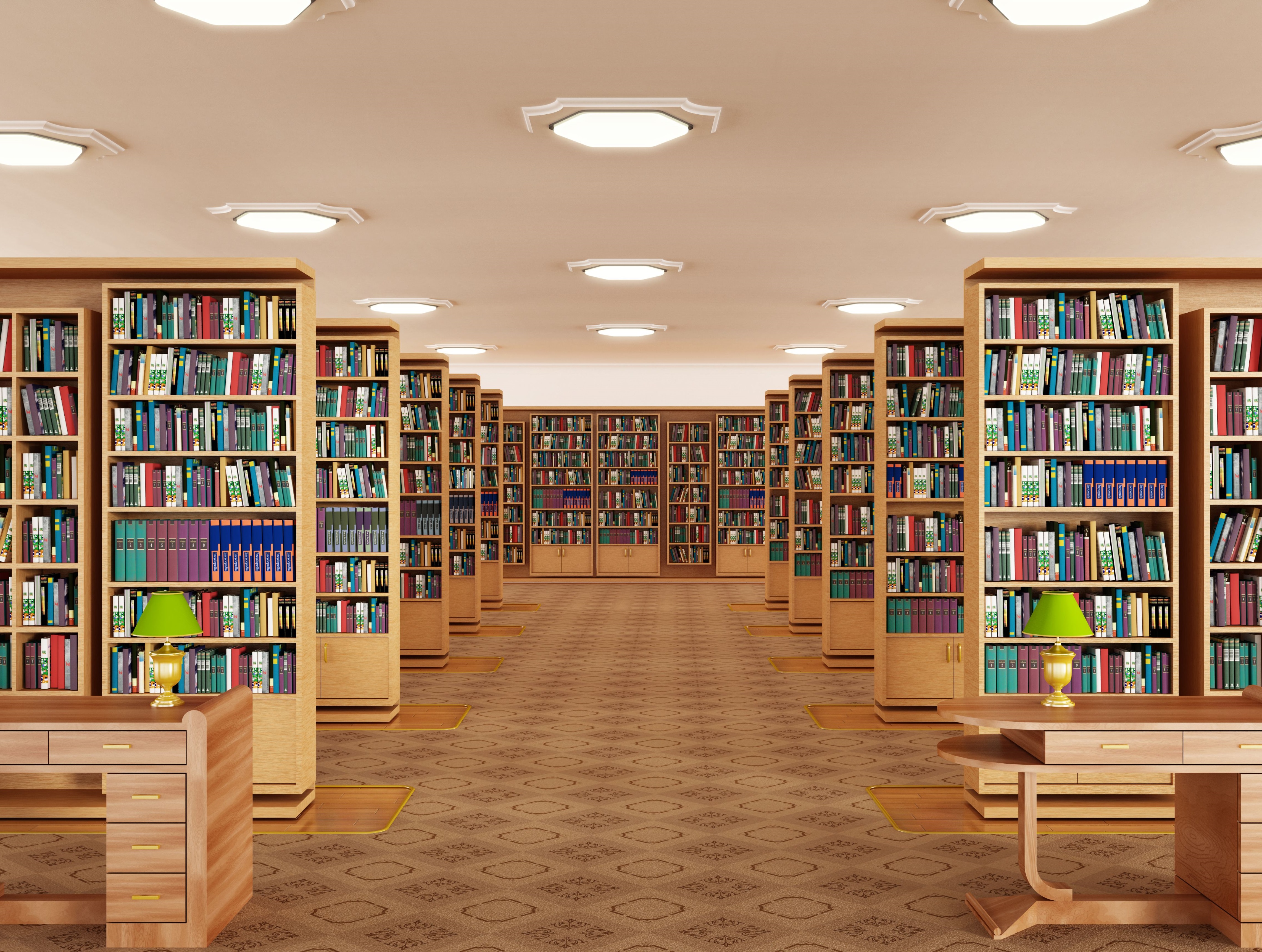 wide aisle bookshelves and library racks