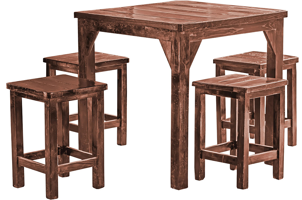 wooden dining table with 4 small stools