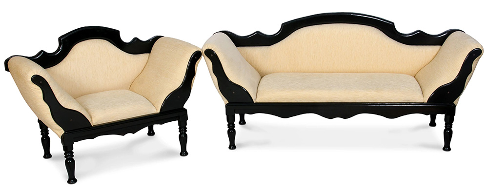 Victorian Upholstered Benches with Cream-Coloured Fabric Cushion