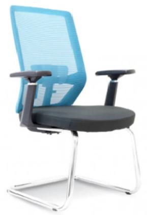 blue office stationary chair with high mesh backrest and armrest with fabric cushion seating