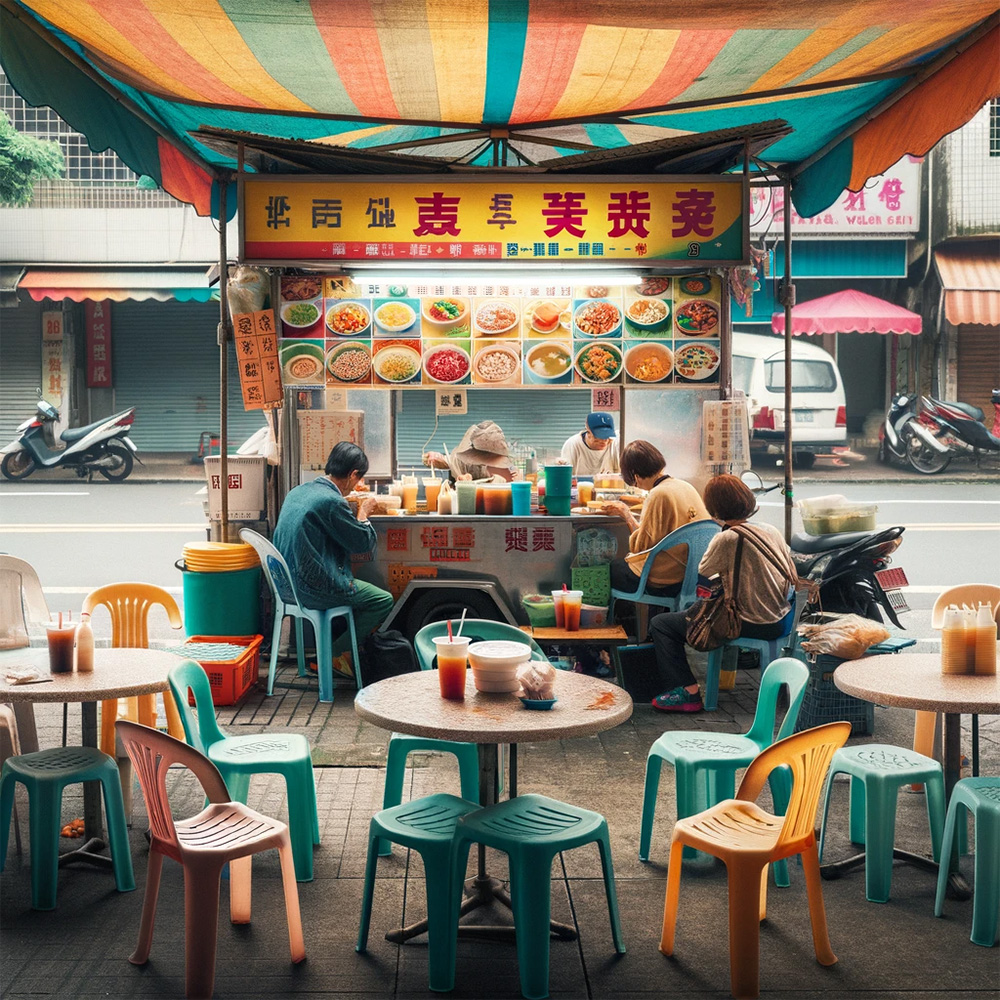 stall with plastic chairs and tables