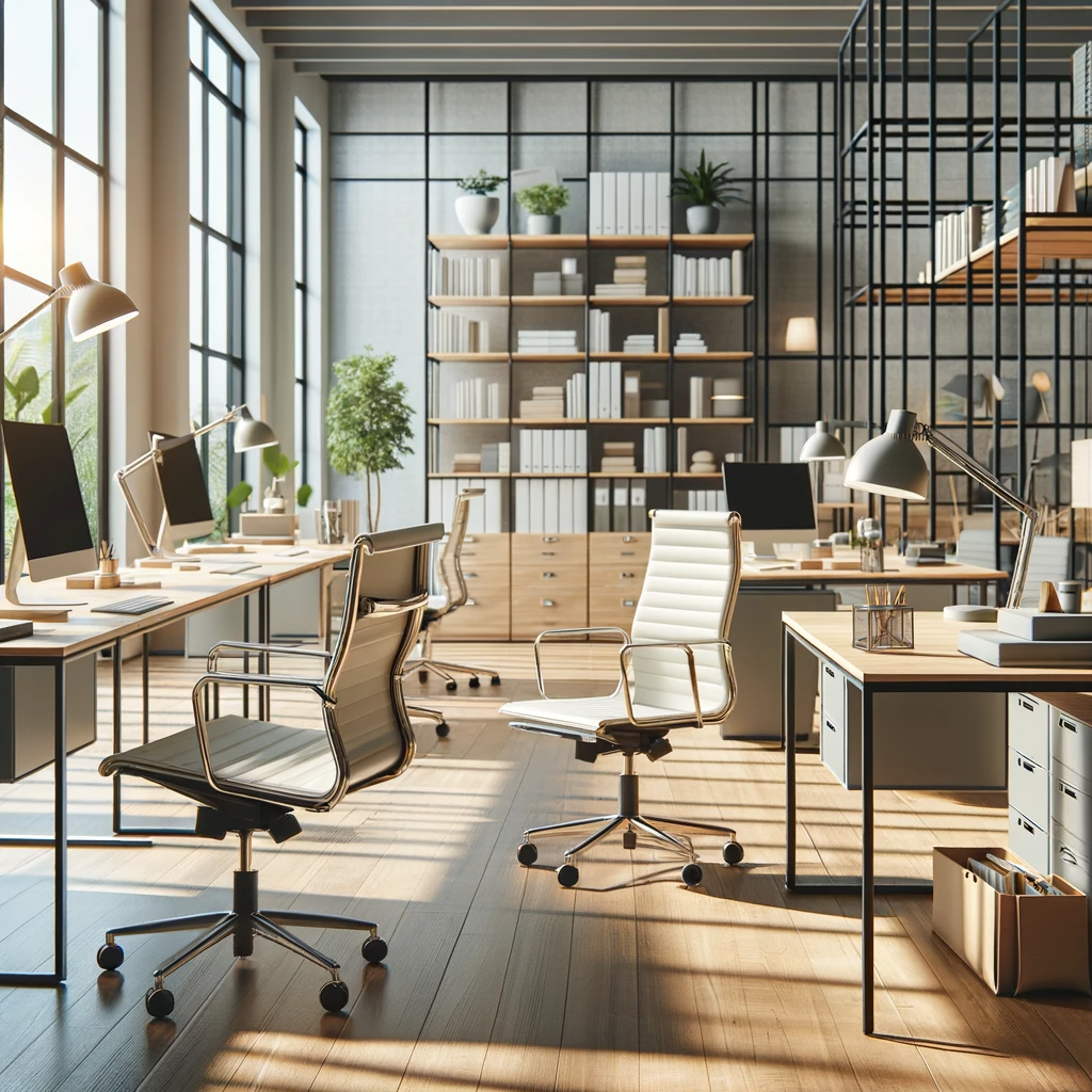 DALL·E 2023-11-30 16.22.44 - An office interior showcasing high-quality, long-lasting, and affordable office furniture from Court Pioneer Company. The scene should include a varie
