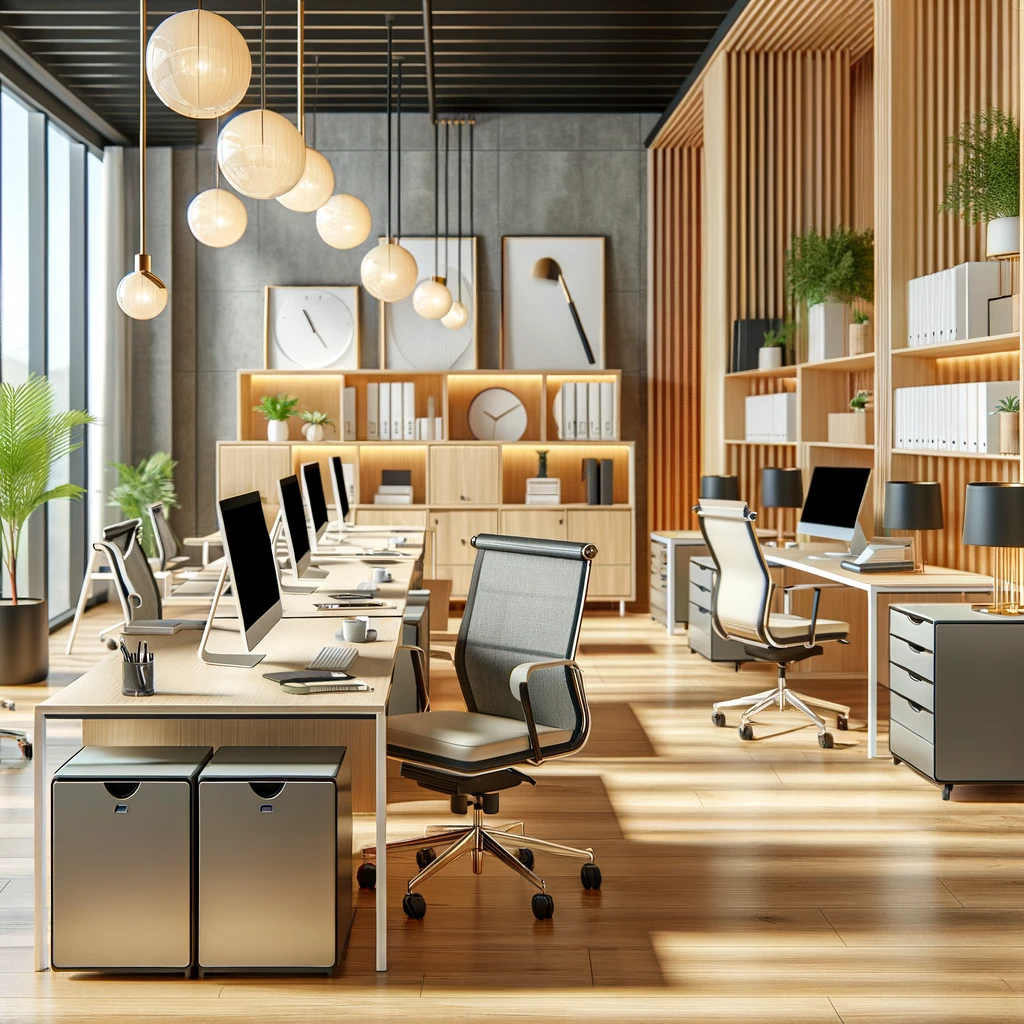 DALL·E 2023-11-30 16.30.50 - A modern office interior featuring a variety of office furniture from Jackhan Online Furniture Store, showcasing their diverse range of products. The 