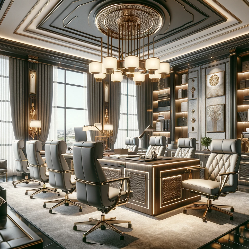 DALL·E 2023-11-30 16.36.01 - A luxurious and elegant office interior featuring premium office furniture from Sengkurong Furniture Trading & Construction Sdn Bhd. The scene should 